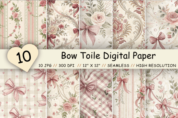 Bow Toile Digital Paper Pack: Vintage & Floral Elegance