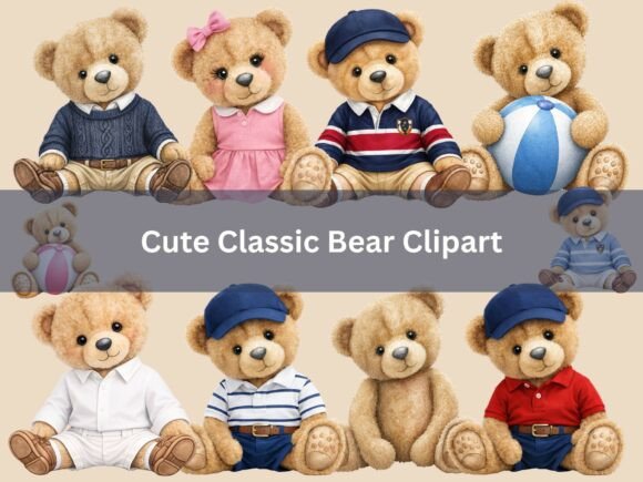 Classic Preppy Teddy Bear Clipart for Timeless Projects