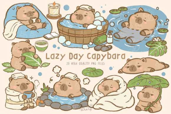 Kawaii Lazy Capybara Clipart for Cozy Designs