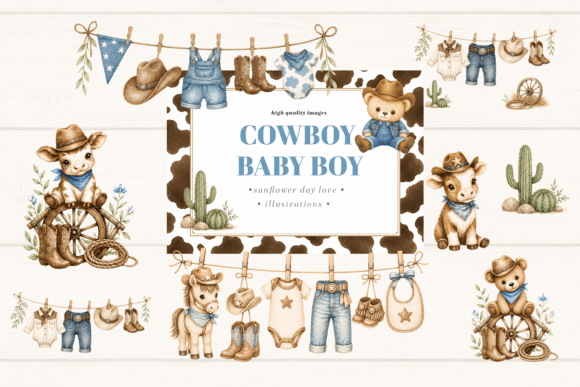 Little Cowboy Clothesline Clipart: A Rustic Design Asset