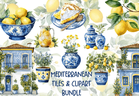 Mediterranean Tile & Lemon Clipart Set: Sunny Design Assets