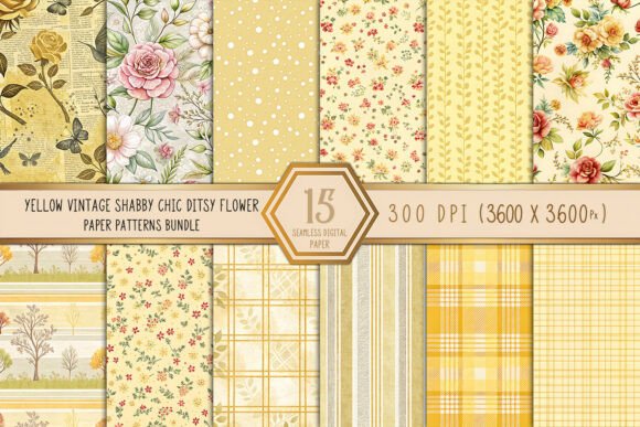 Warm Retro Printable Backgrounds: The Yellow Vintage Ditsy Flower Bundle