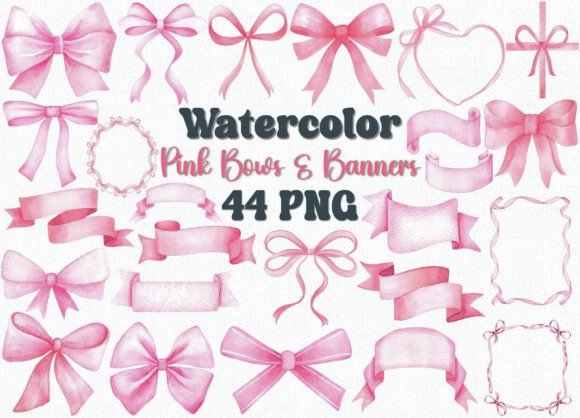 Watercolor Pink Bows Clipart Set: 44 PNG Elements for a Soft, Feminine Touch